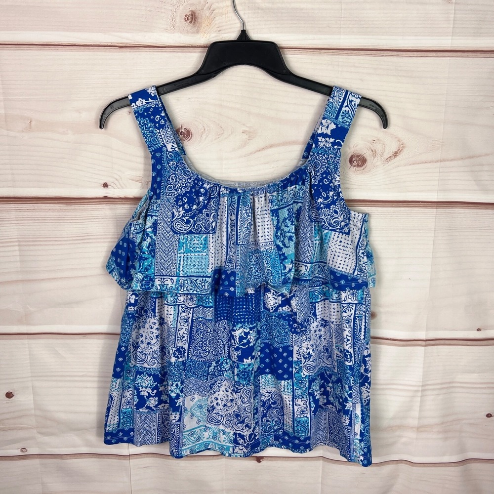 Woman Within Top Womens M 14W 16W Black Patchwork‎ Print Tank Ruffles Sleeveless